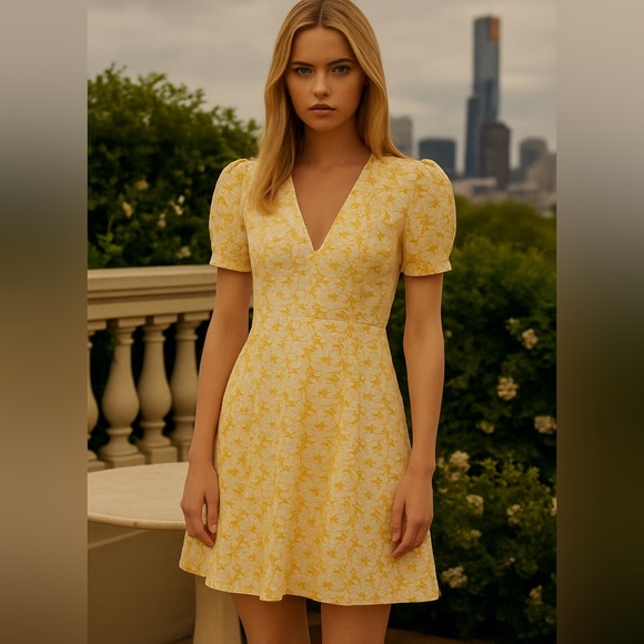 Ever New Yellow Embroidered Puff Sleeve Mini Dress Fit and Flare Coquette Size 4 - Picture 1 of 15